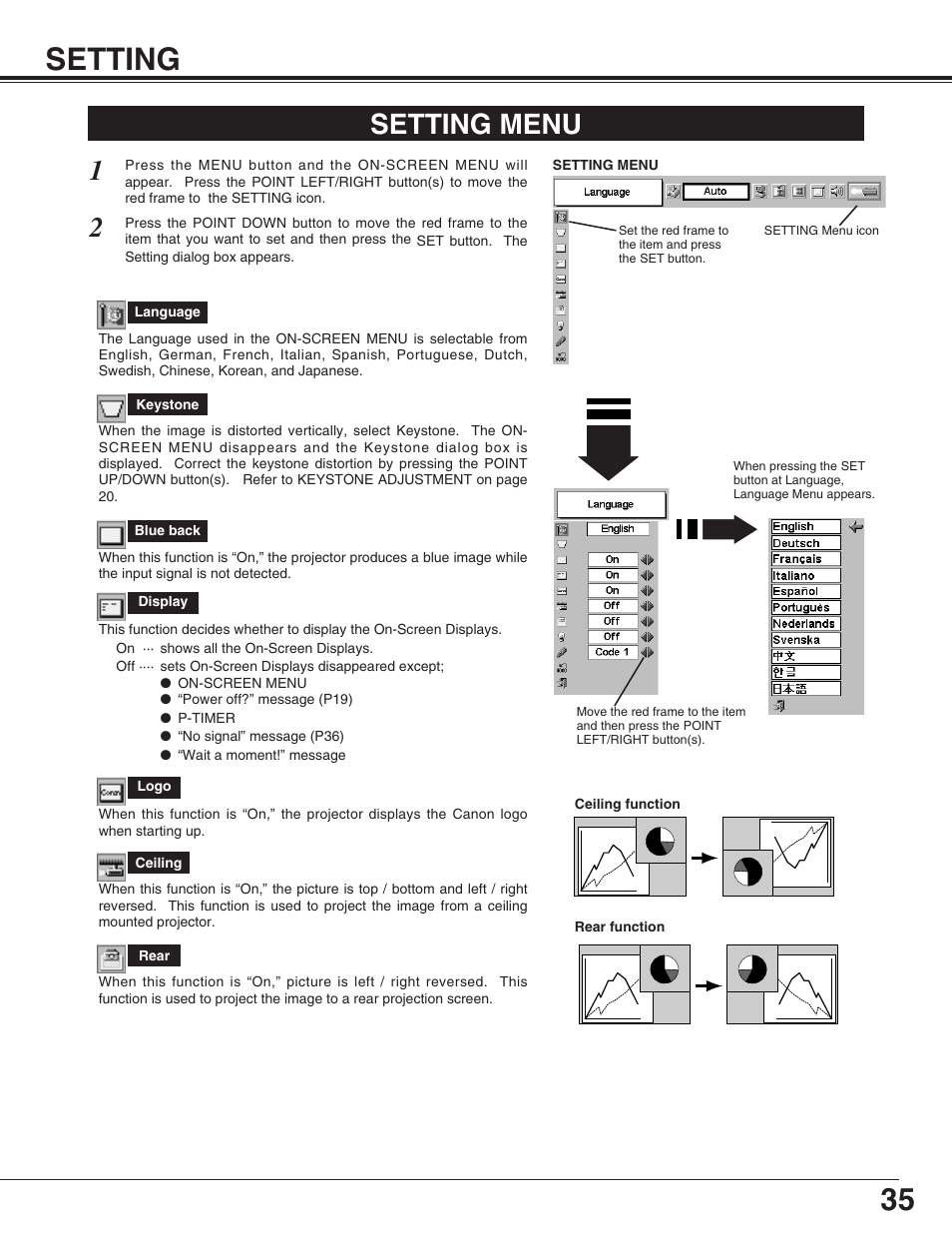 35 setting, Setting menu | Canon LV-X2 User Manual | Page 35 / 44