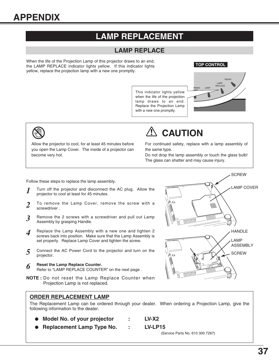 37 appendix, Caution, Lamp replacement | Lamp replace | Canon LV-X2 User Manual | Page 37 / 44