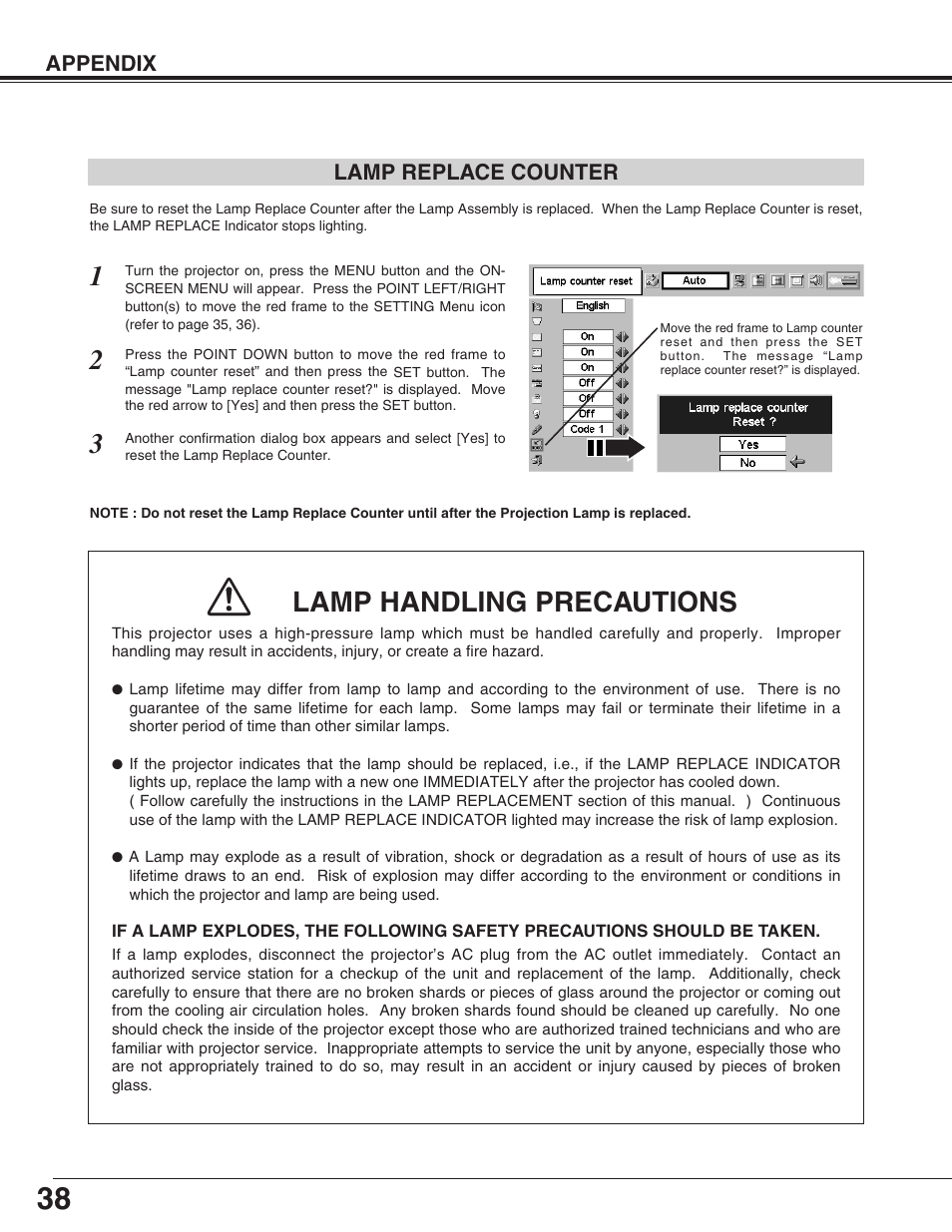 Lamp handling precautions | Canon LV-X2 User Manual | Page 38 / 44