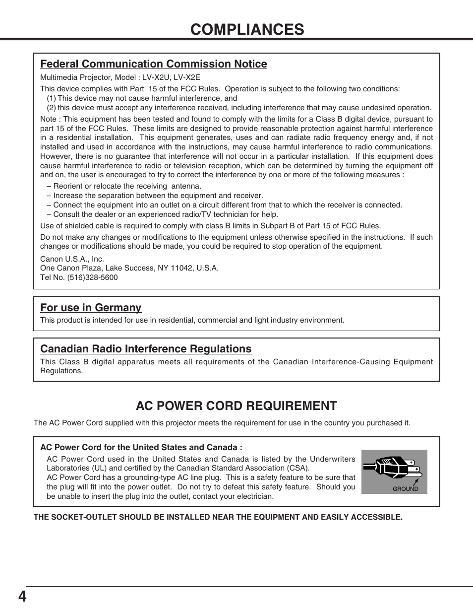 4compliances, Ac power cord requirement | Canon LV-X2 User Manual | Page 4 / 44