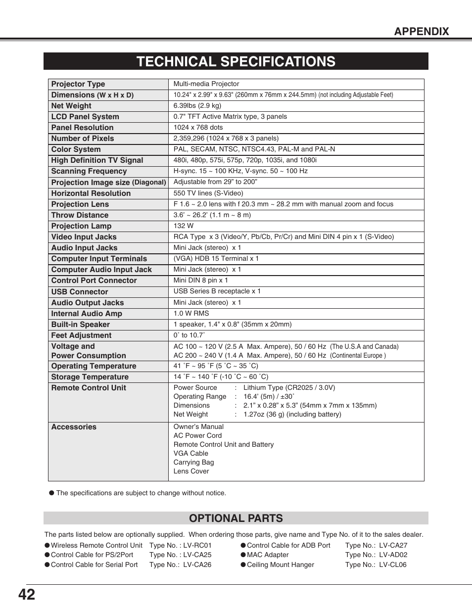 Technical specifications, Appendix, Optional parts | Canon LV-X2 User Manual | Page 42 / 44