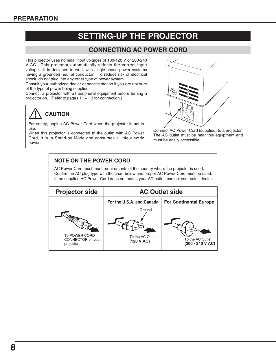 Setting-up the projector, Projector side ac outlet side, Preparation | Connecting ac power cord | Canon LV-X2 User Manual | Page 8 / 44