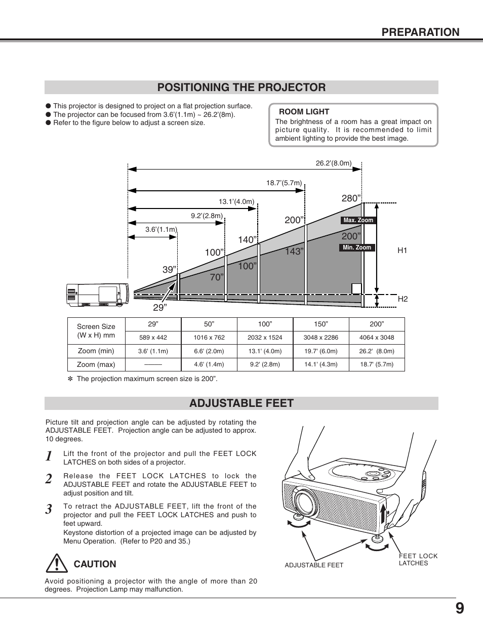 Preparation positioning the projector, Adjustable feet | Canon LV-X2 User Manual | Page 9 / 44