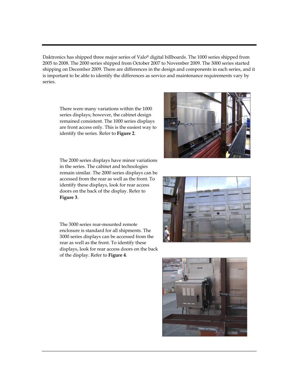 Section 2: display identification, 1 1000 series display, 2 2000 series display | 3 3000 series display, Section 2, Display identification, 1000 series display, 2000 series display, 3000 series display, Display identification : ex | Daktronics Valo Digital Billboard User Manual | Page 11 / 51