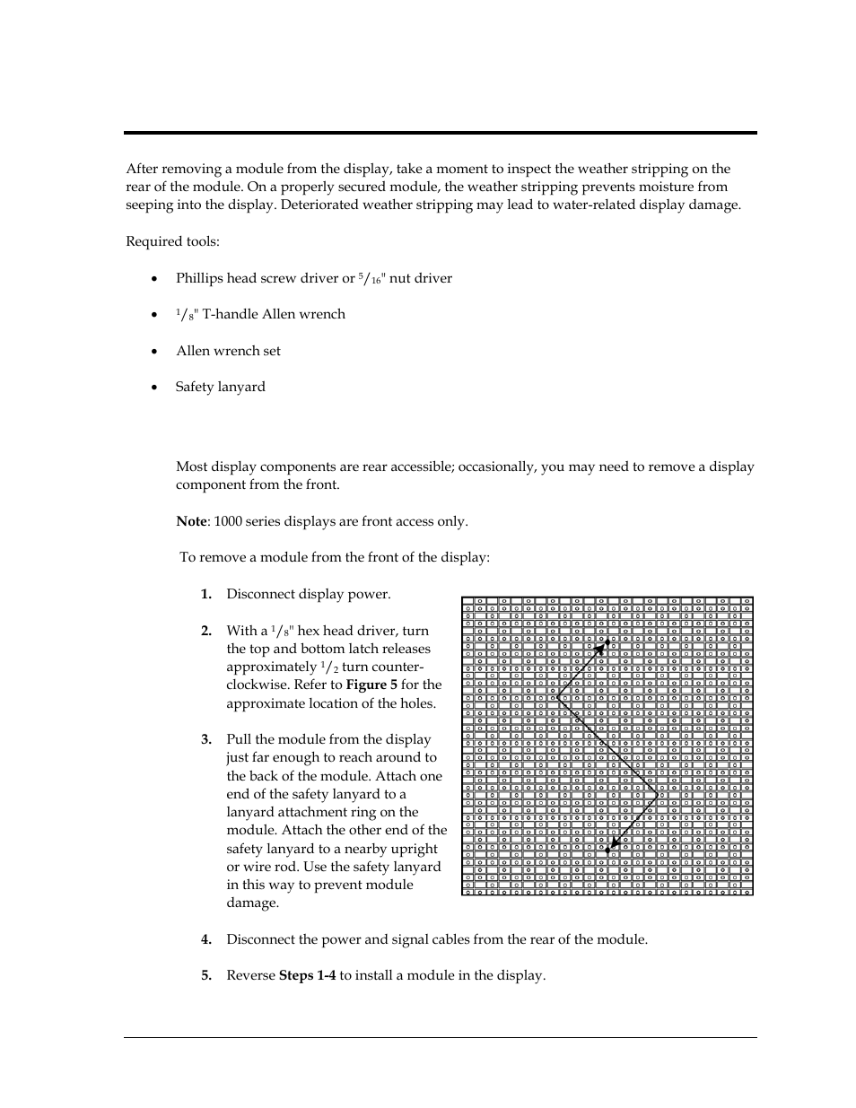 Section 4: removing modules from the display, 1 front access, Section 4 | Removing modules from the display, Front access, Removing modules from the display : explain | Daktronics Valo Digital Billboard User Manual | Page 17 / 51