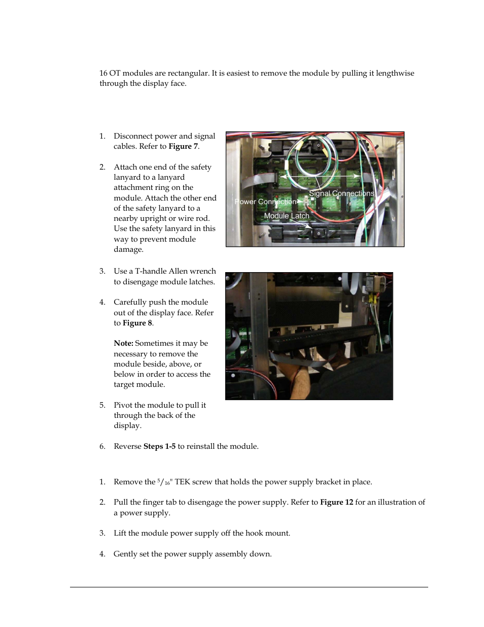 16 ot module removal, Unobstructed 16 ot module removal, Removing a 16 ot module behind a power supply | Daktronics Valo Digital Billboard User Manual | Page 19 / 51