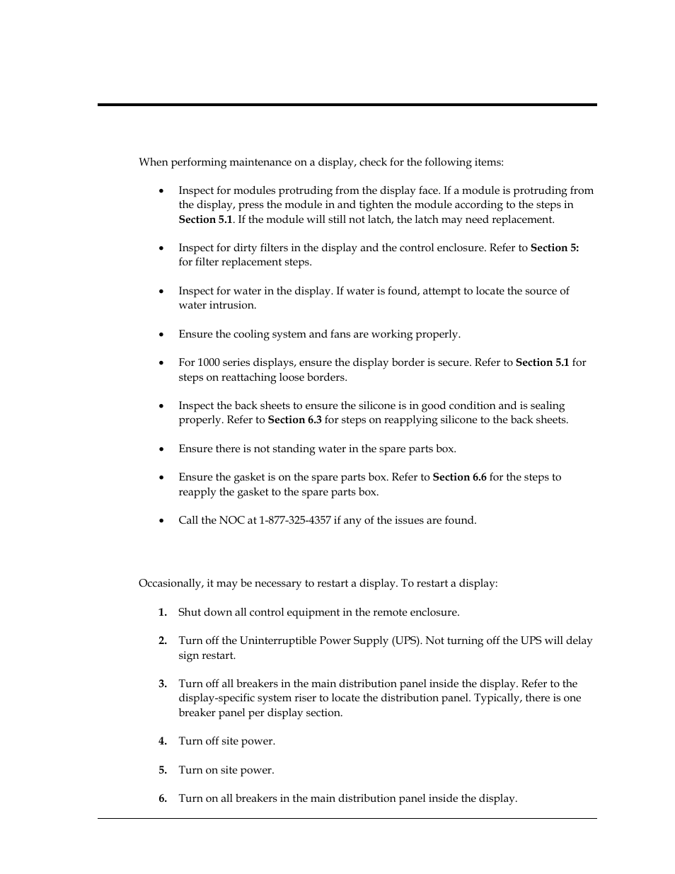 Section 6: routine maintenance, 1 inspecting a display, 2 restarting a display | Section 6, Routine maintenance, Inspecting a display, Restarting a display | Daktronics Valo Digital Billboard User Manual | Page 33 / 51