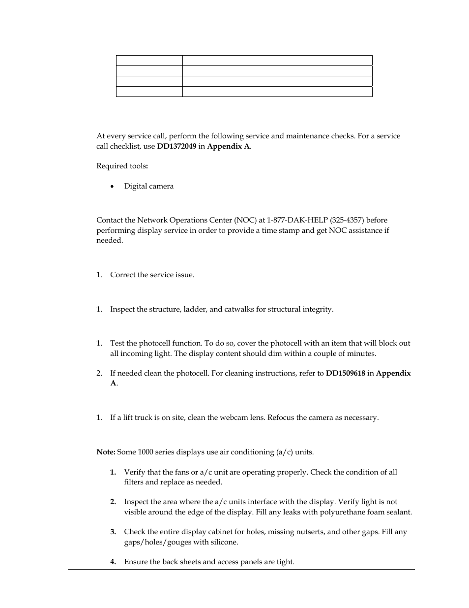 10 service call, Service instructions, Service issue | Structure, Photocell, Webcam, Display cabinet, Service call | Daktronics Valo Digital Billboard User Manual | Page 37 / 51