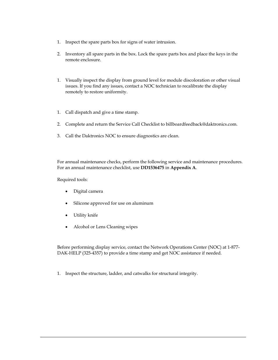 Spare parts box, Display visual inspection, Completing the inspection | 11 annual maintenance checks, Service instructions, Structure, Annual maintenance checks | Daktronics Valo Digital Billboard User Manual | Page 39 / 51