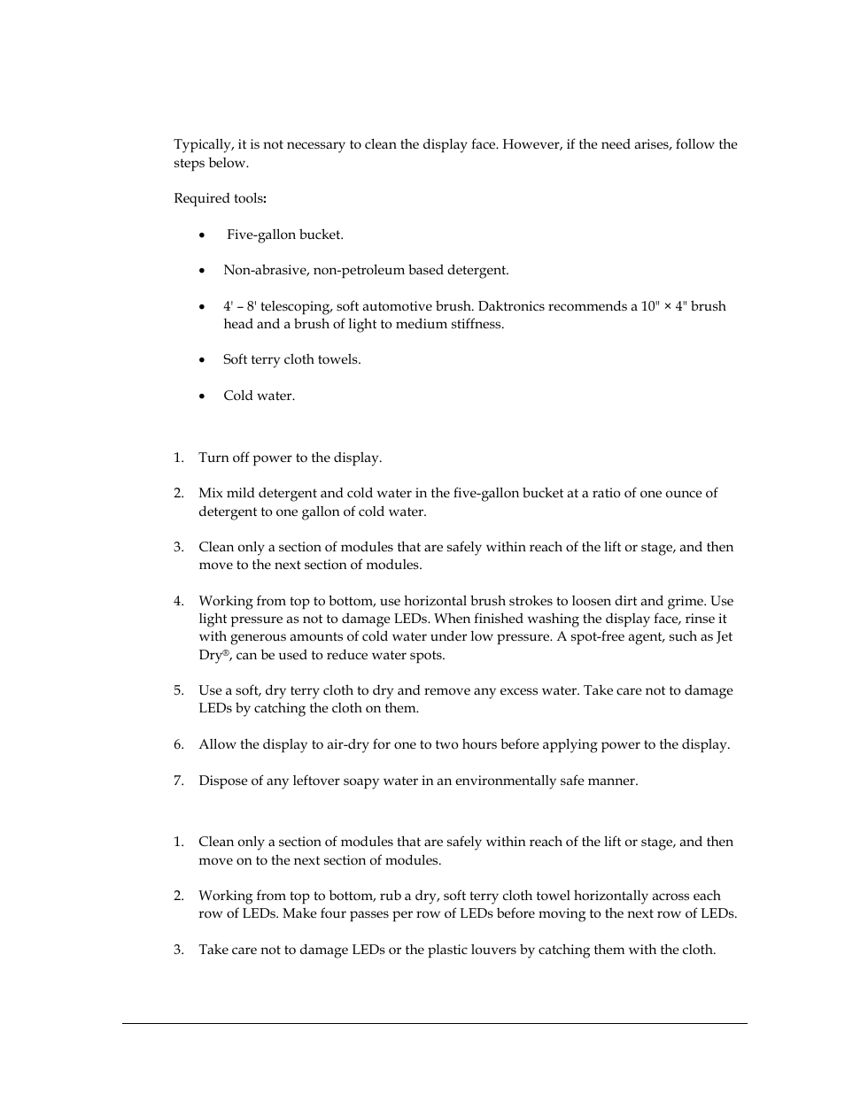 12 cleaning a display face, Wet cleaning instructions, Dry cleaning instructions | Cleaning a display face | Daktronics Valo Digital Billboard User Manual | Page 43 / 51
