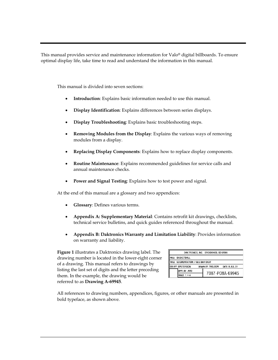 Section 1: introduction, 1 about this manual, Section 1 | Introduction, About this manual | Daktronics Valo Digital Billboard User Manual | Page 9 / 51