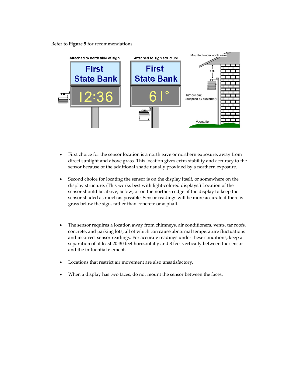 Locating the temperature sensor, Recommendations and requirements, Things to avoid | Connecting the temperature sensor | Daktronics DataTime Outdoor LED Time & Temperature Displays User Manual | Page 10 / 53