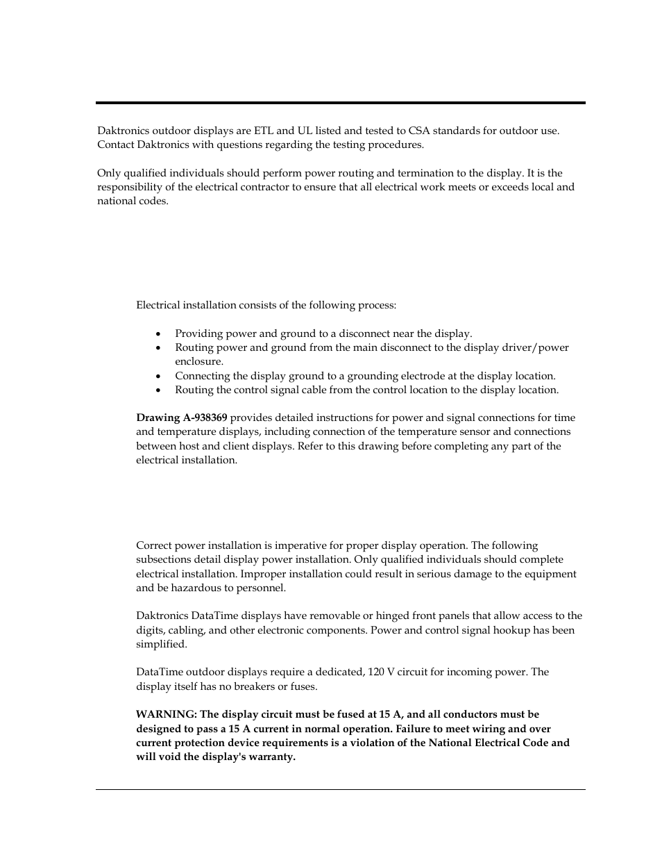 Section 3: electrical installation, 1 preparing for power/signal connection, 2 power and grounding connections | Power, Section 3, Electrical installation, Preparing for power/signal connection, Power and grounding connections | Daktronics DataTime Outdoor LED Time & Temperature Displays User Manual | Page 13 / 53