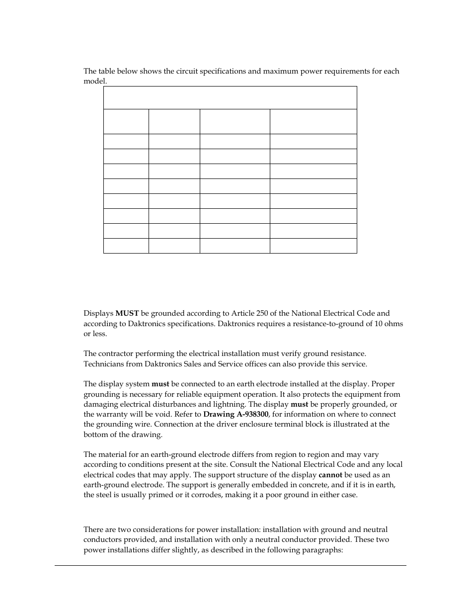 Grounding, Power installation | Daktronics DataTime Outdoor LED Time & Temperature Displays User Manual | Page 14 / 53