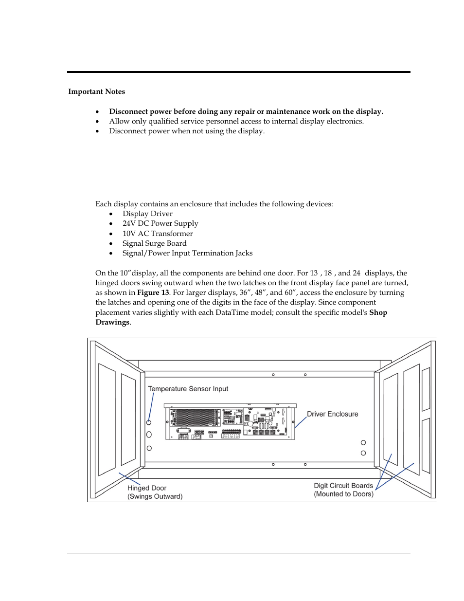 Section 4: maintenance and troubleshooting, 1 component location and access, Section 4 | Maintenance and troubleshooting, Component location and access | Daktronics DataTime Outdoor LED Time & Temperature Displays User Manual | Page 21 / 53