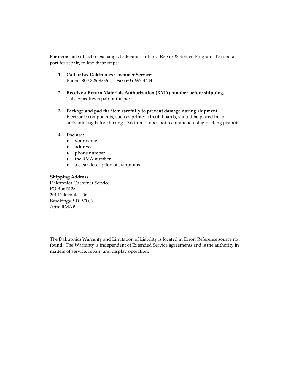 3 repair & return program, 4 daktronics warranty and limitation of liability, Repair & return program | Daktronics warranty and limitation of liability | Daktronics DataTime Outdoor LED Time & Temperature Displays User Manual | Page 28 / 53