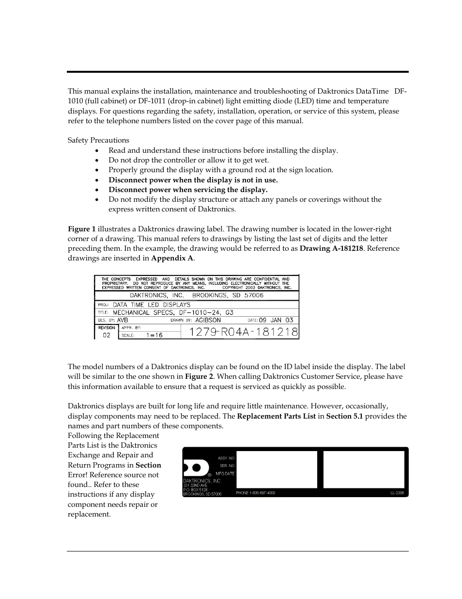 Section 1: introduction, Section 1, Introduction | Daktronics DataTime Outdoor LED Time & Temperature Displays User Manual | Page 5 / 53