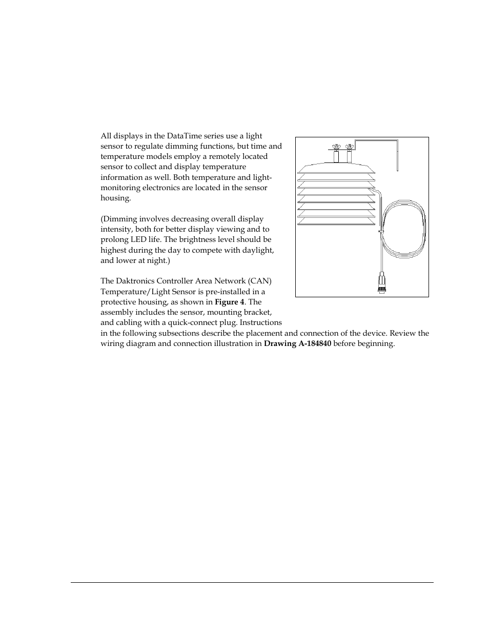 4 temperature and light sensor, Temperature and light sensor, Locating the temperature sensor | Daktronics DataTime Outdoor LED Time & Temperature Displays User Manual | Page 9 / 53