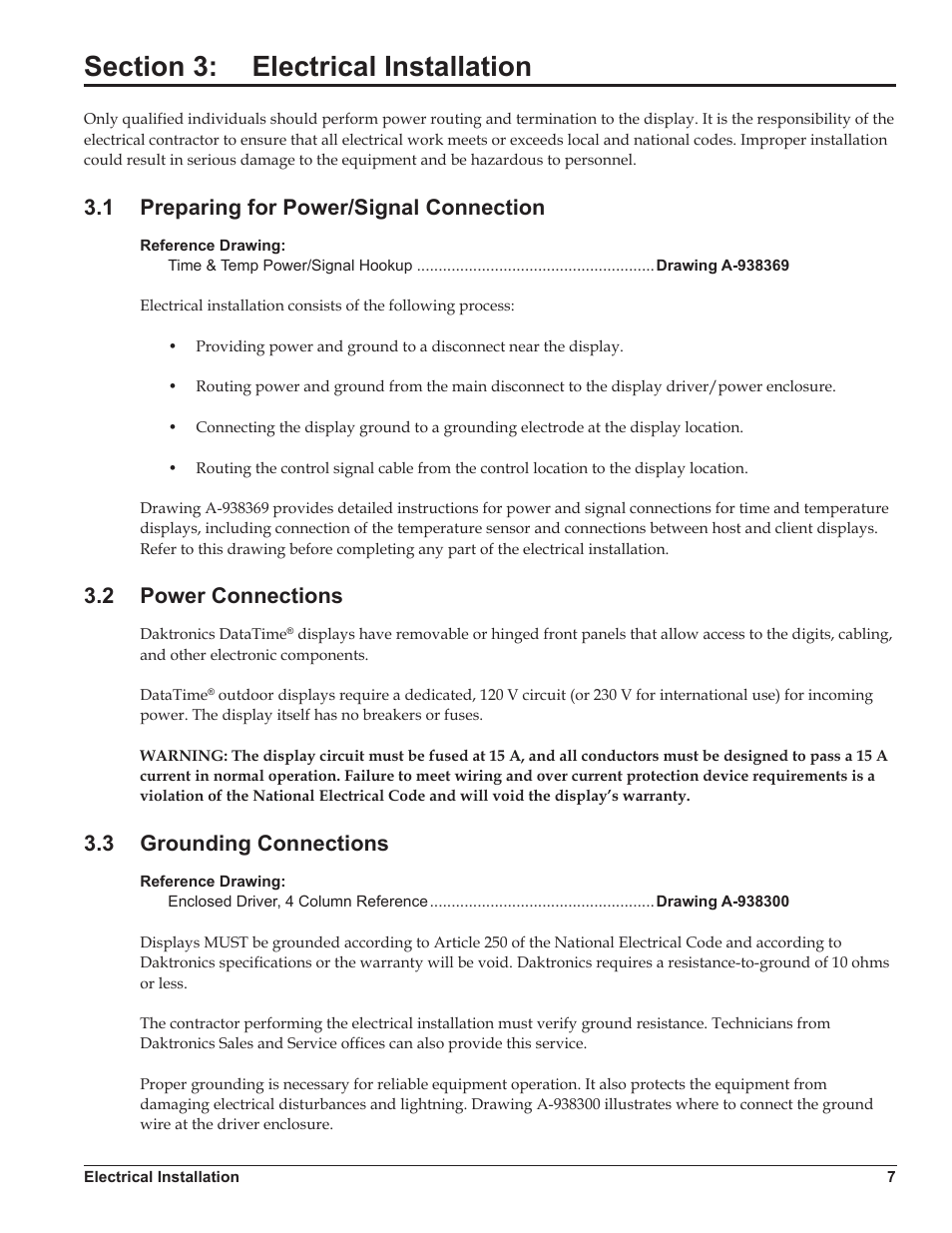 Section 3: electrical installation, 1 preparing for power/signal connection, 2 power connections | 3 grounding connections, Section 3, Electrical installation, Preparing for power/signal connection, Power connections, Grounding connections | Daktronics DataTime DF-1012 Time & Temperature Display User Manual | Page 11 / 49