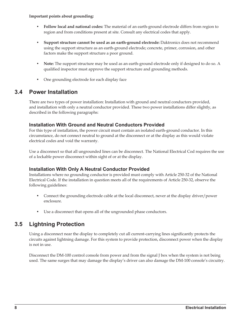 4 power installation, 5 lightning protection, Power installation | Lightning protection | Daktronics DataTime DF-1012 Time & Temperature Display User Manual | Page 12 / 49