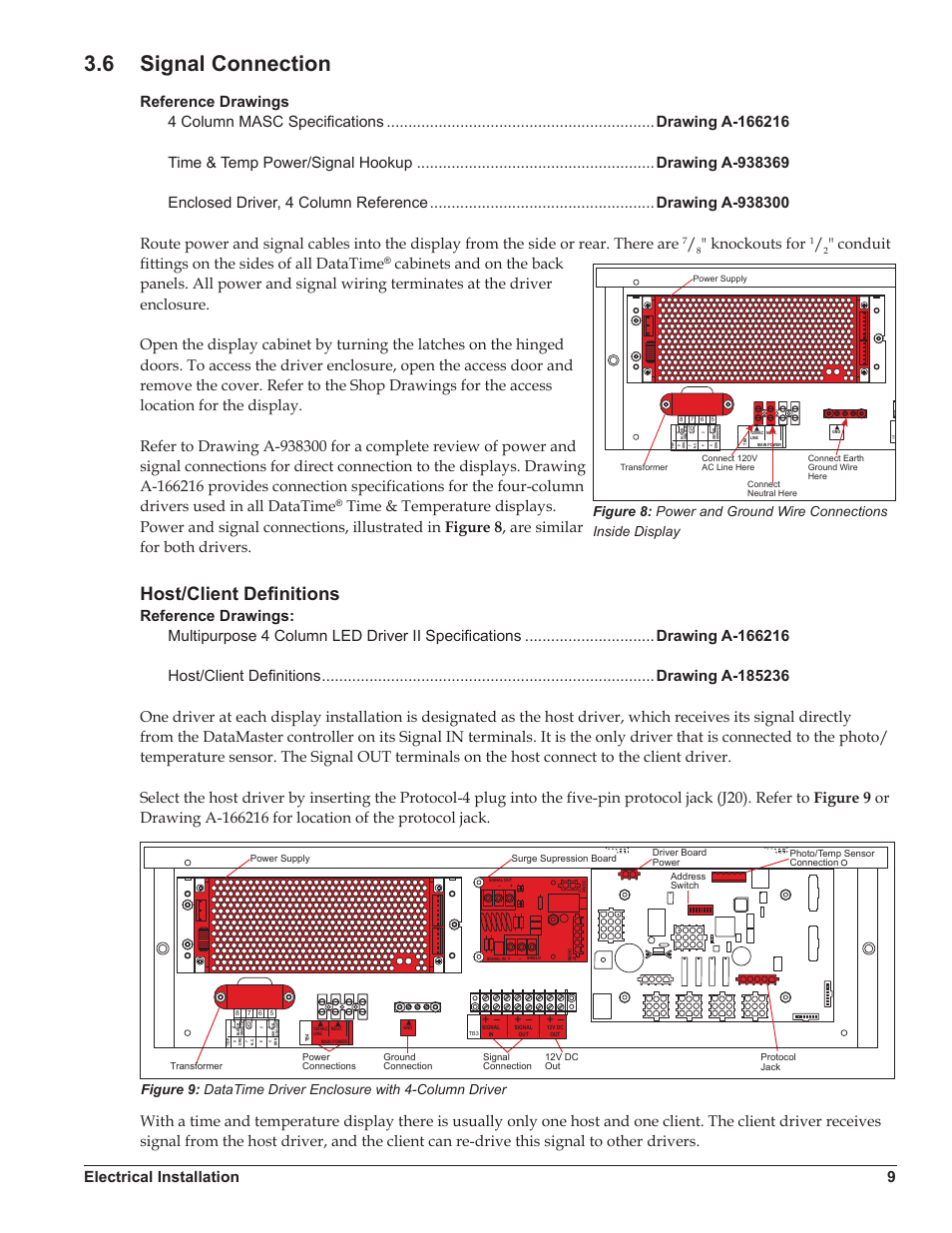 6 signal connection, Host/client definitions, Signal connection | Electrical installation 9, Knockouts for, Conduit fittings on the sides of all datatime | Daktronics DataTime DF-1012 Time & Temperature Display User Manual | Page 13 / 49