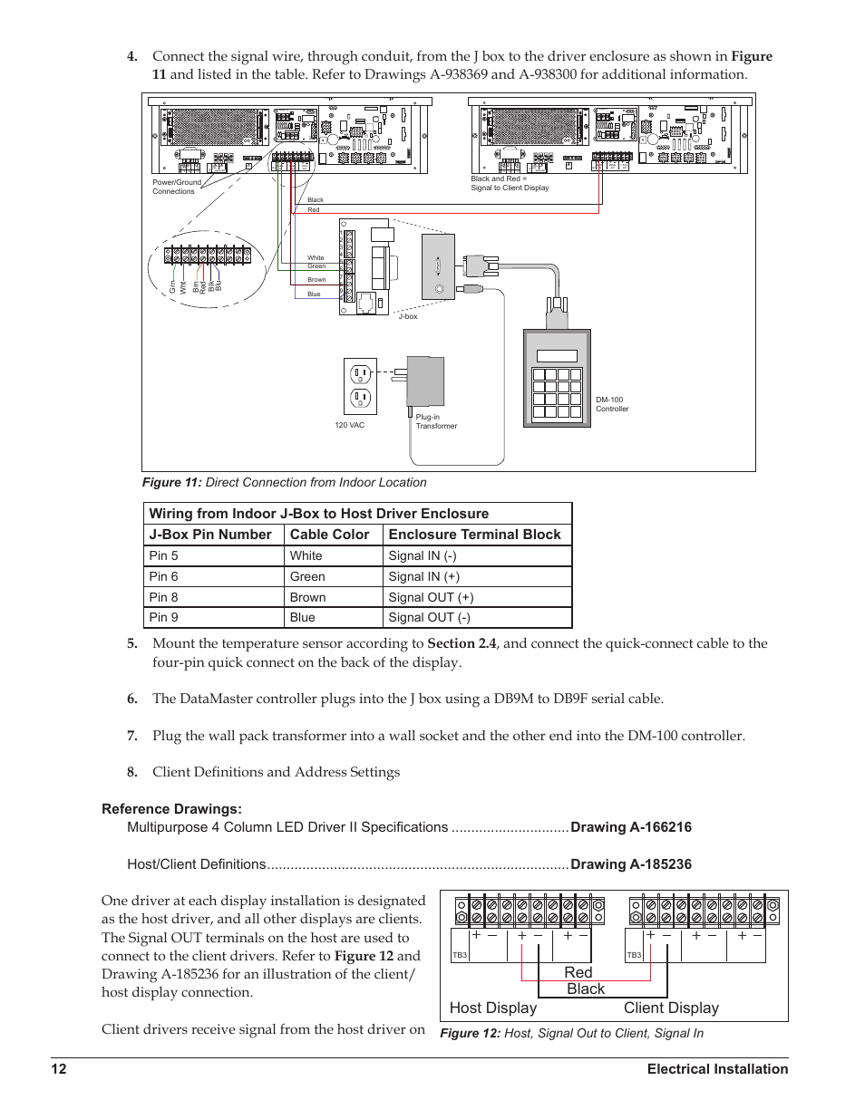 Red black host display client display, Signal out, J1 24vdc radio j2 shield | Signal in, Figure 11: direct connection from indoor location, Figure 12: host, signal out to client, signal in | Daktronics DataTime DF-1012 Time & Temperature Display User Manual | Page 16 / 49