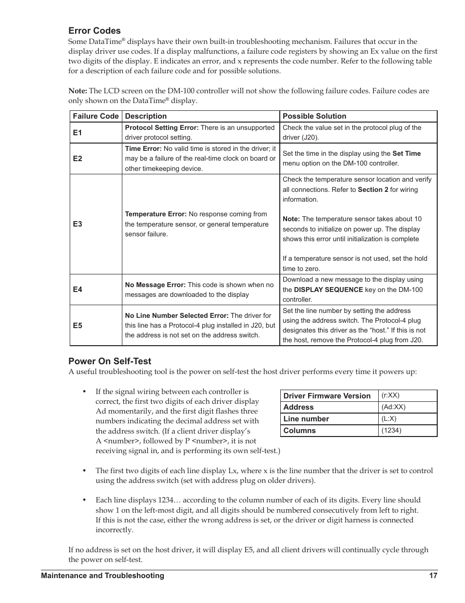 Error codes, Power on self-test, Error codes power on self-test | Daktronics DataTime DF-1012 Time & Temperature Display User Manual | Page 21 / 49