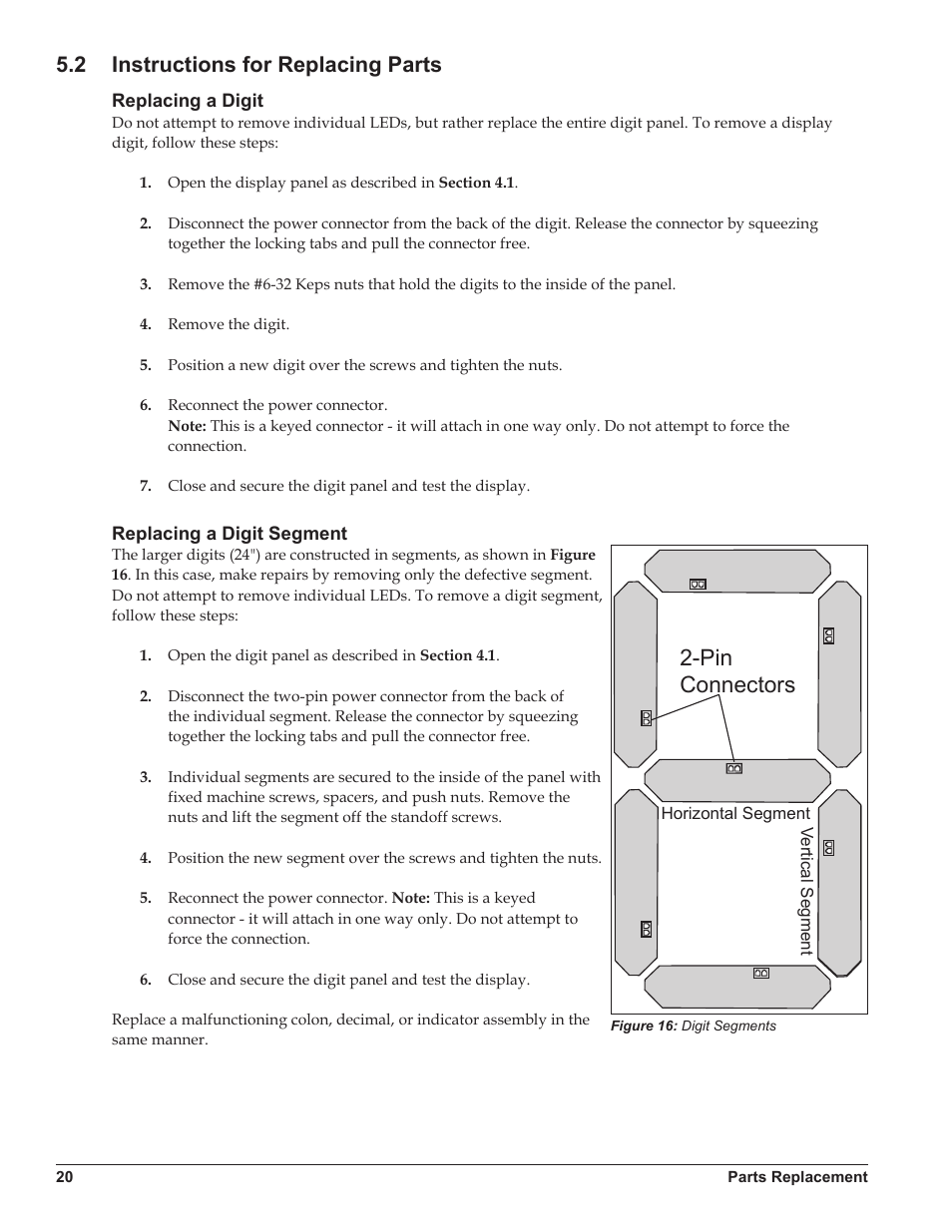 2 instructions for replacing parts, Replacing a digit, Replacing a digit segment | Instructions for replacing parts, Replacing a digit replacing a digit segment, Pin connectors | Daktronics DataTime DF-1012 Time & Temperature Display User Manual | Page 24 / 49