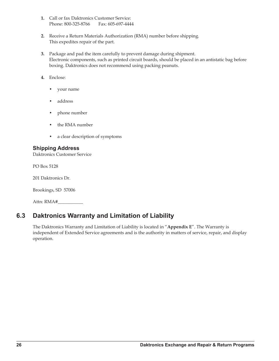 Shipping address, 3 daktronics warranty and limitation of liability, Daktronics warranty and limitation of liability | Daktronics DataTime DF-1012 Time & Temperature Display User Manual | Page 30 / 49