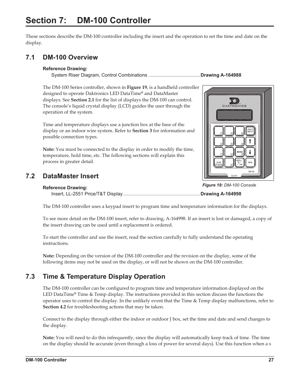 Section 7: dm-100 controller, 1 dm-100 overview, 2 datamaster insert | 3 time & temperature display operation, Section 7, Dm-100 controller, Dm-100 overview, Datamaster insert, Time & temperature display operation | Daktronics DataTime DF-1012 Time & Temperature Display User Manual | Page 31 / 49