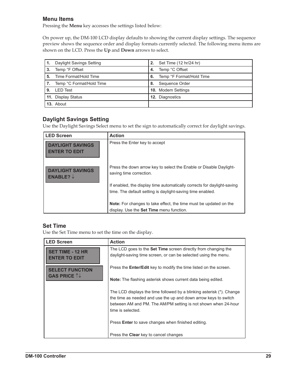 Menu items, Daylight savings setting, Set time | Menu items daylight savings setting set time | Daktronics DataTime DF-1012 Time & Temperature Display User Manual | Page 33 / 49