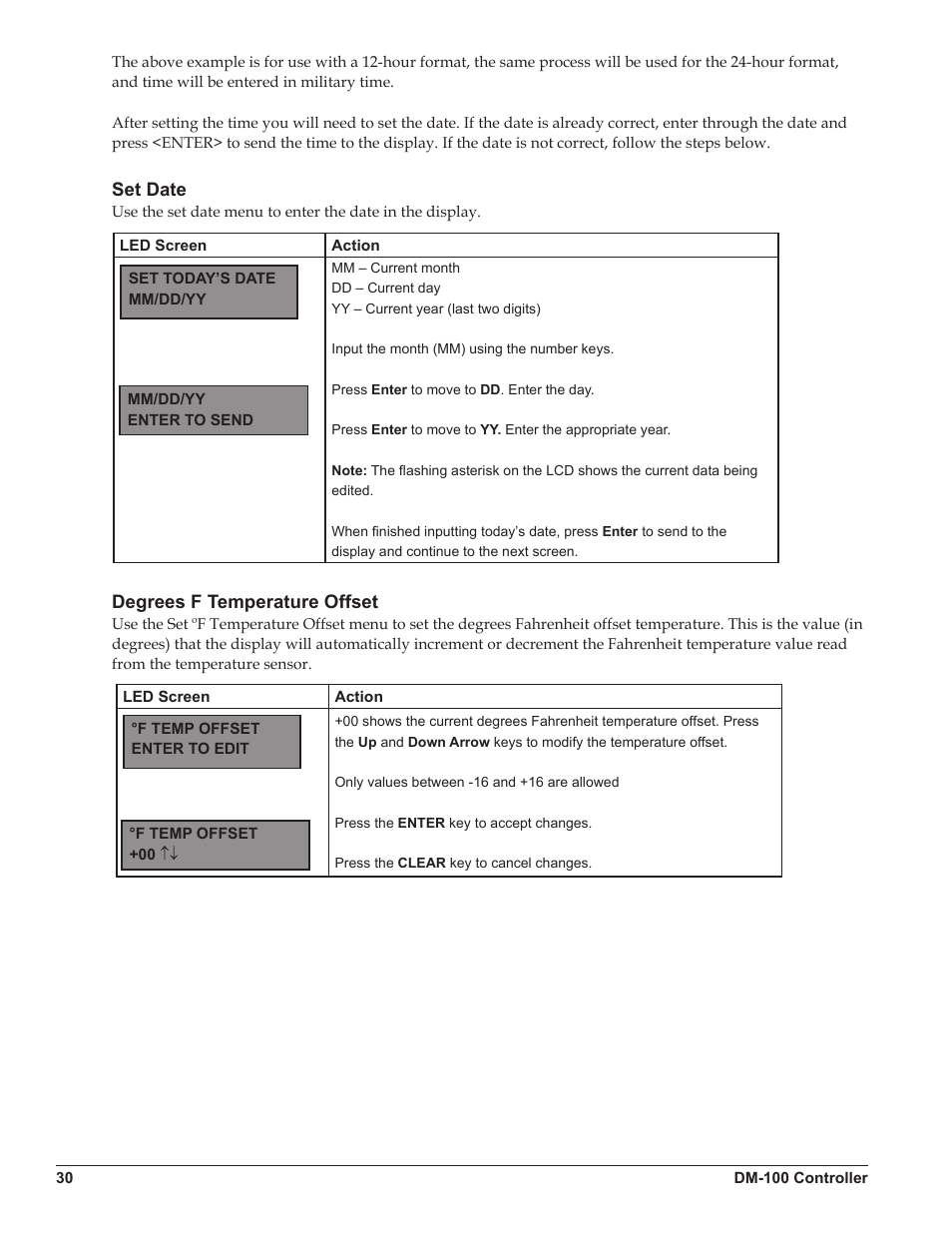 Set date, Degrees f temperature offset, Set date degrees f temperature offset | Daktronics DataTime DF-1012 Time & Temperature Display User Manual | Page 34 / 49