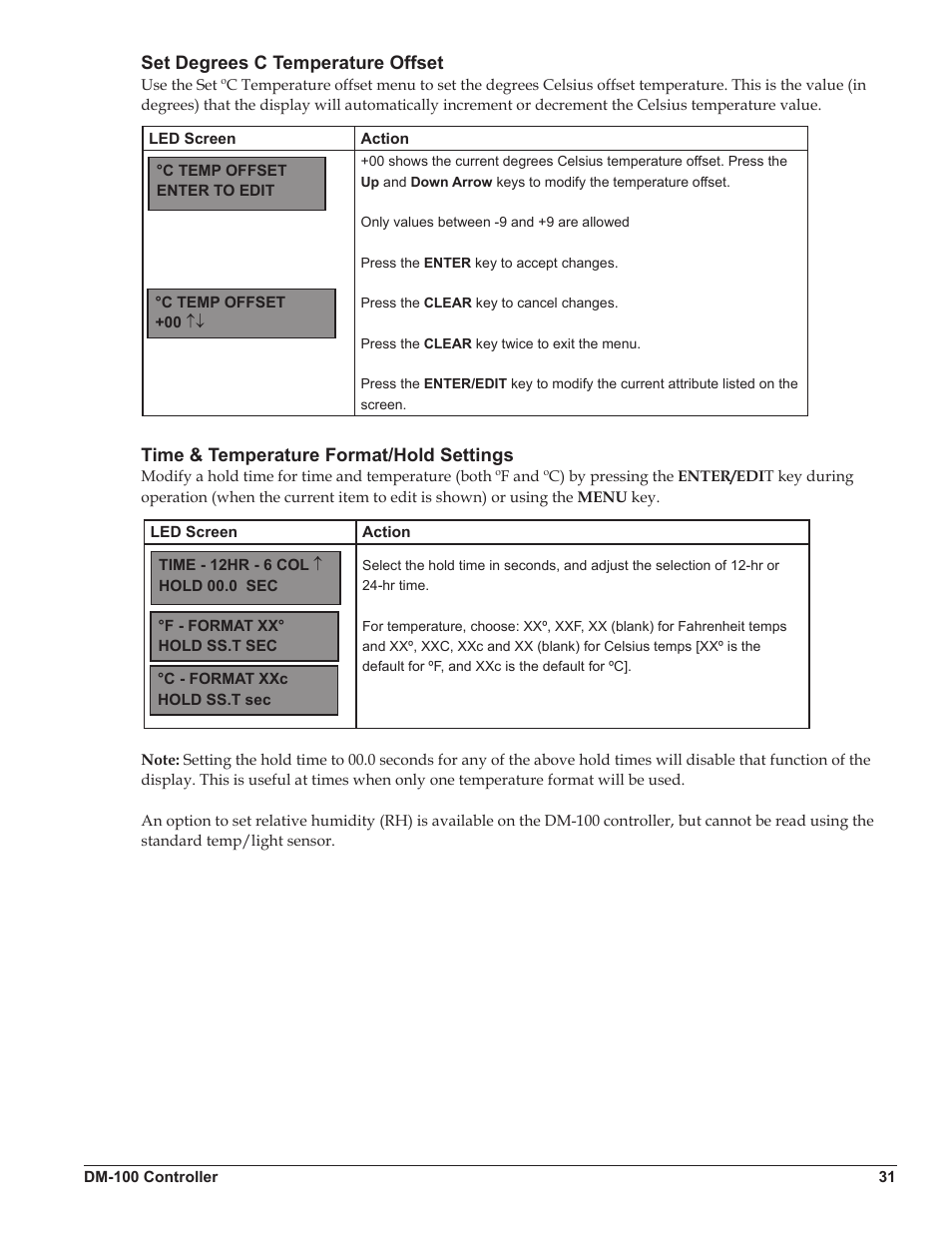 Set degrees c temperature offset, Time & temperature format/hold settings | Daktronics DataTime DF-1012 Time & Temperature Display User Manual | Page 35 / 49