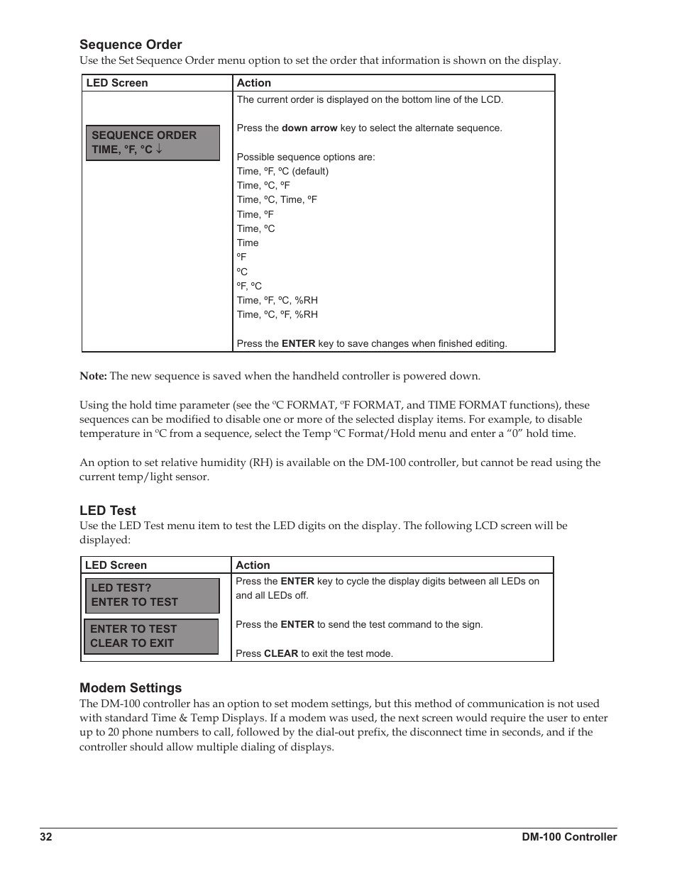 Sequence order, Led test, Modem settings | Sequence order led test modem settings | Daktronics DataTime DF-1012 Time & Temperature Display User Manual | Page 36 / 49