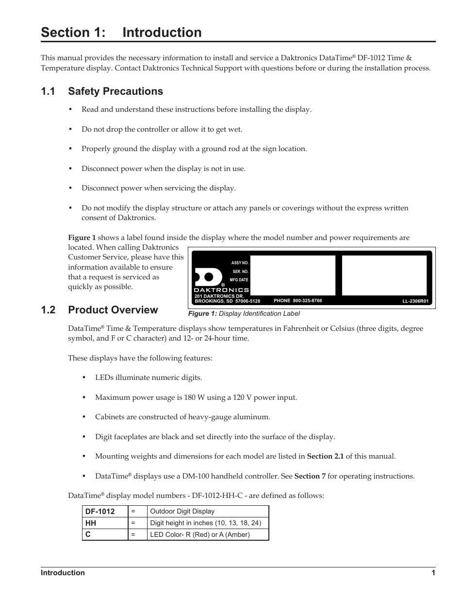 Section 1: introduction, 1 safety precautions, 2 product overview | Section 1, Introduction, Safety precautions, Product overview | Daktronics DataTime DF-1012 Time & Temperature Display User Manual | Page 5 / 49