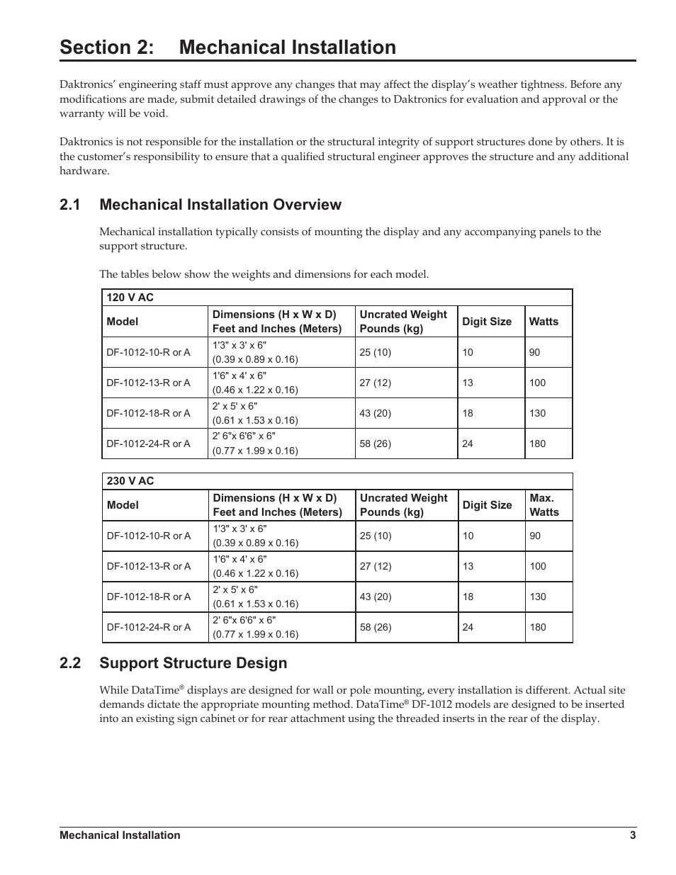 Section 2: mechanical installation, 1 mechanical installation overview, 2 support structure design | Section 2, Mechanical installation, Mechanical installation overview, Support structure design | Daktronics DataTime DF-1012 Time & Temperature Display User Manual | Page 7 / 49