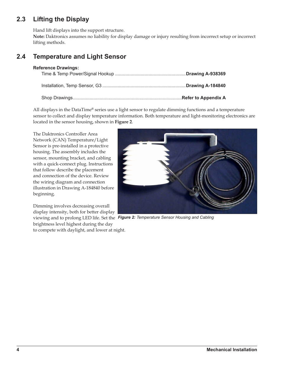 3 lifting the display, 4 temperature and light sensor, Lifting the display | Temperature and light sensor | Daktronics DataTime DF-1012 Time & Temperature Display User Manual | Page 8 / 49