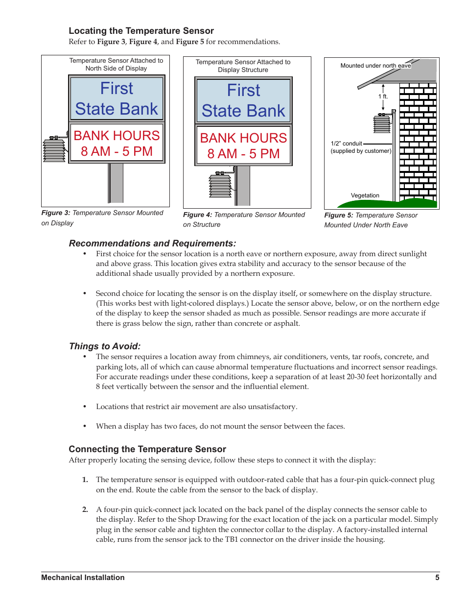 Locating the temperature sensor, Connecting the temperature sensor, First state bank | Bank hours 8 am - 5 pm | Daktronics DataTime DF-1012 Time & Temperature Display User Manual | Page 9 / 49