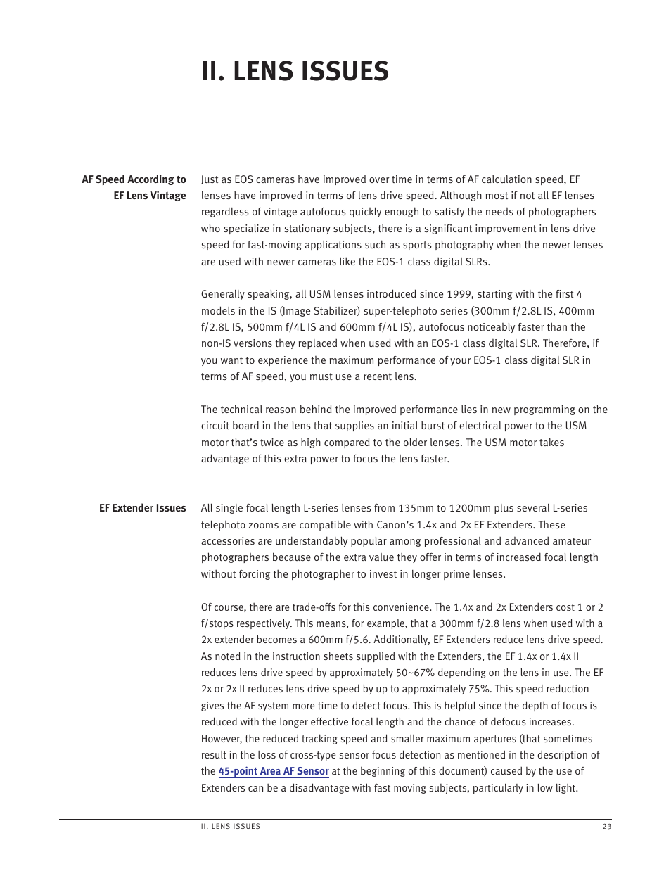 Af speed according to ef lens vintage, Ef extender issues, Ii. lens issues | Canon EOS-1 User Manual | Page 23 / 35