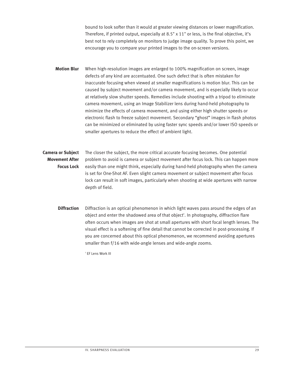 Avoid unintentional motion blur, Motion blur, Camera or subject movement after focus lock | Diffraction | Canon EOS-1 User Manual | Page 29 / 35