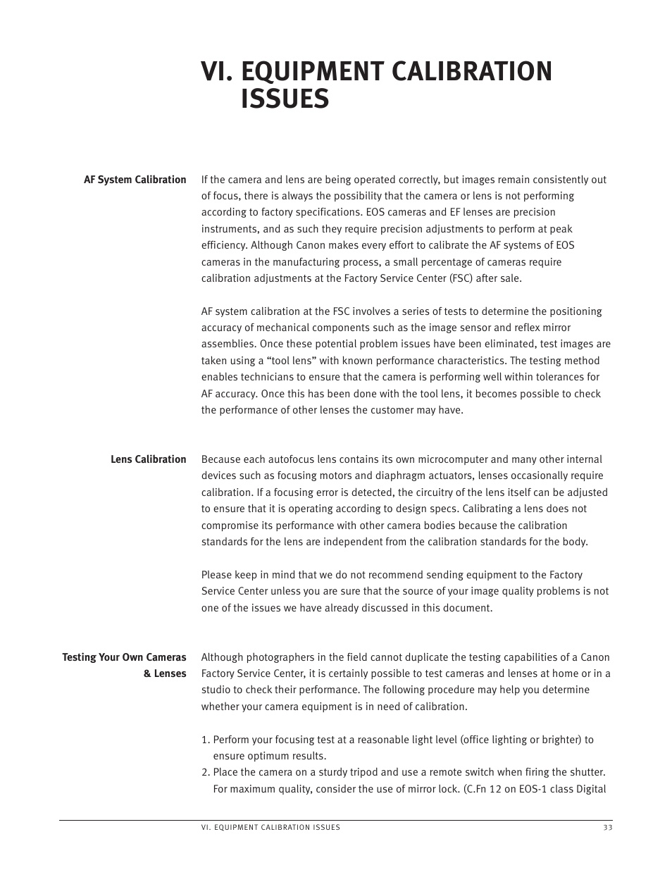 Af system calibration, Lens calibration, Testing your own cameras & lenses | Vi. equipment calibration issues | Canon EOS-1 User Manual | Page 33 / 35