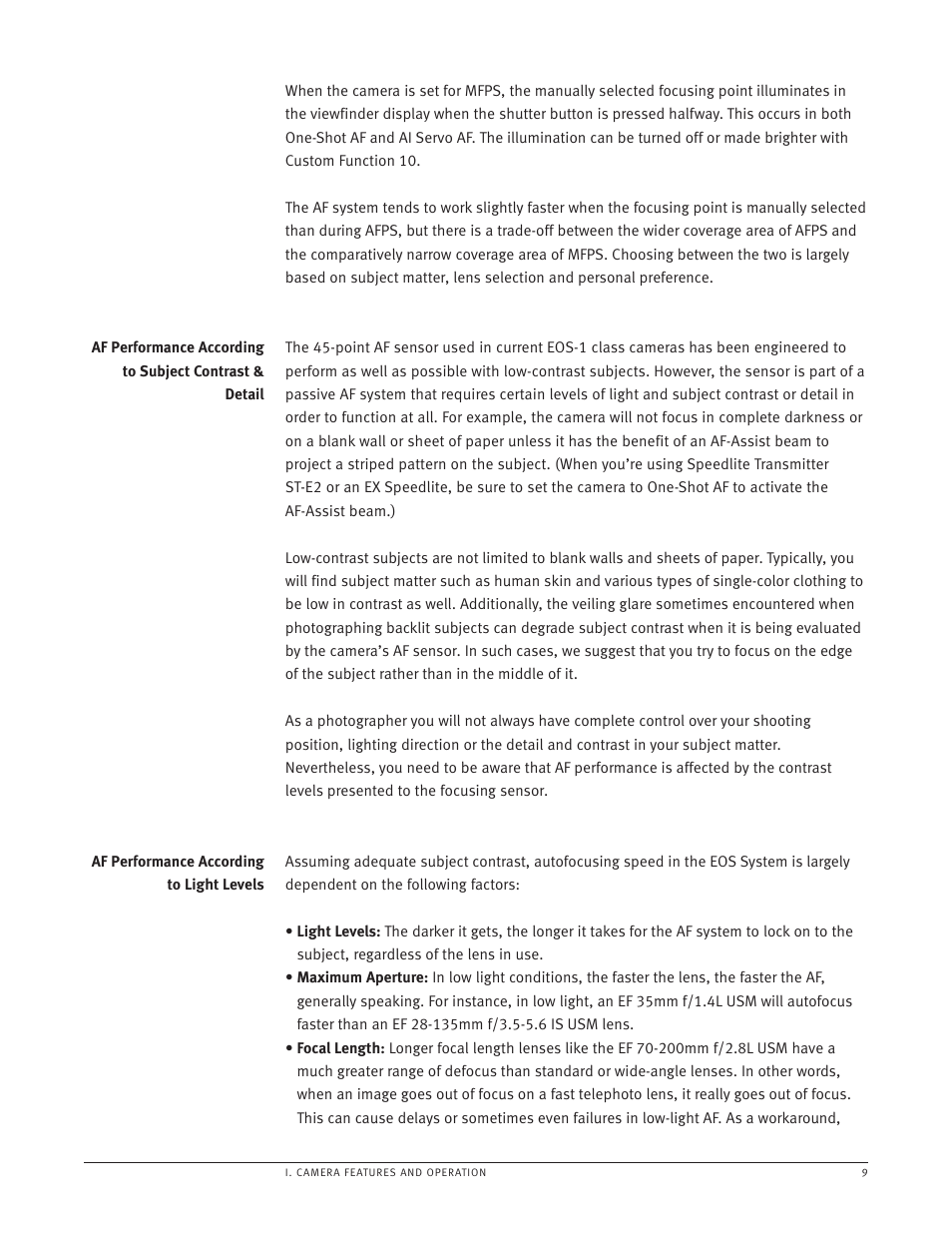 Af performance according to light levels | Canon EOS-1 User Manual | Page 9 / 35