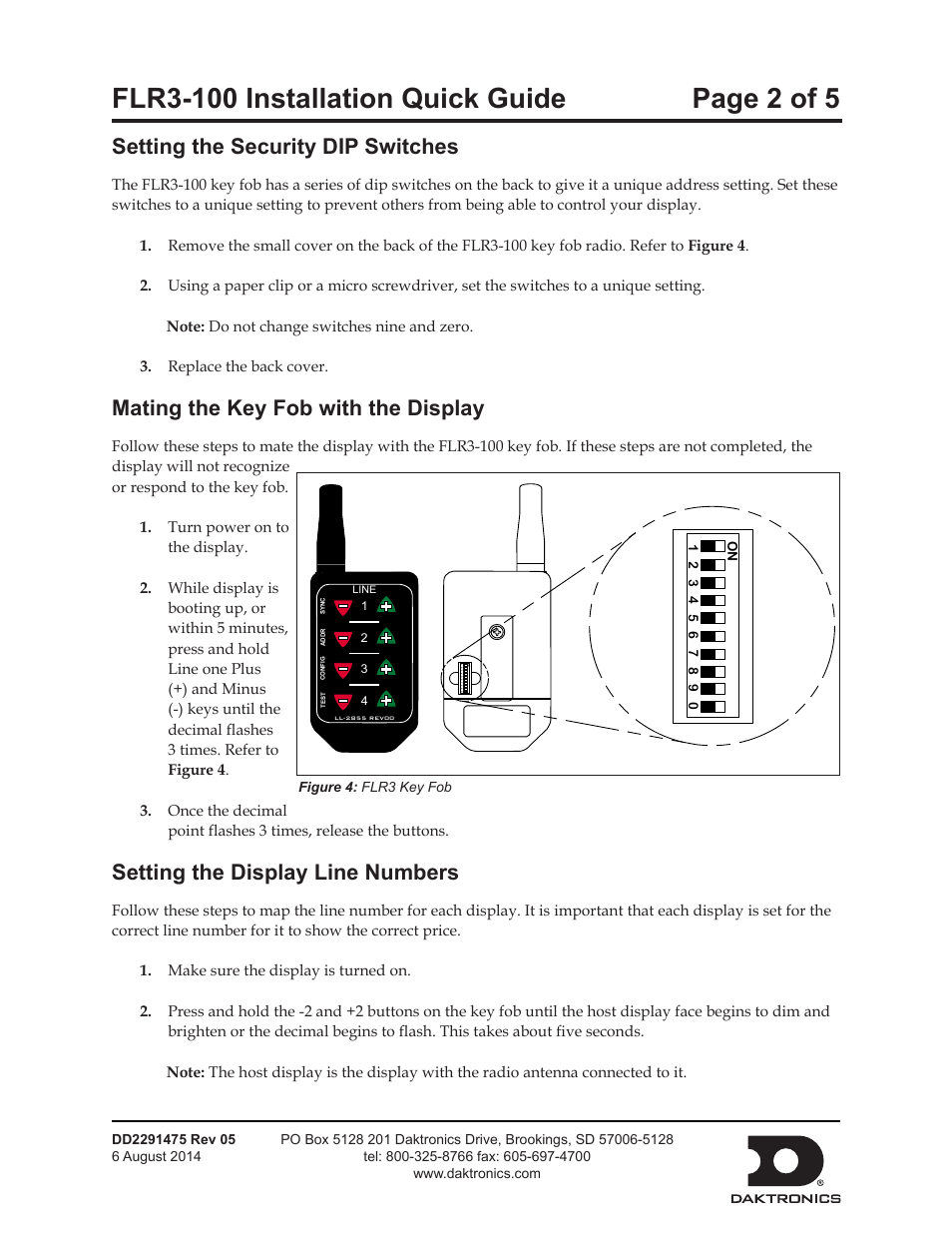 Setting the security dip switches, Mating the key fob with the display, Setting the display line numbers | Daktronics FLR3-100 User Manual | Page 2 / 5