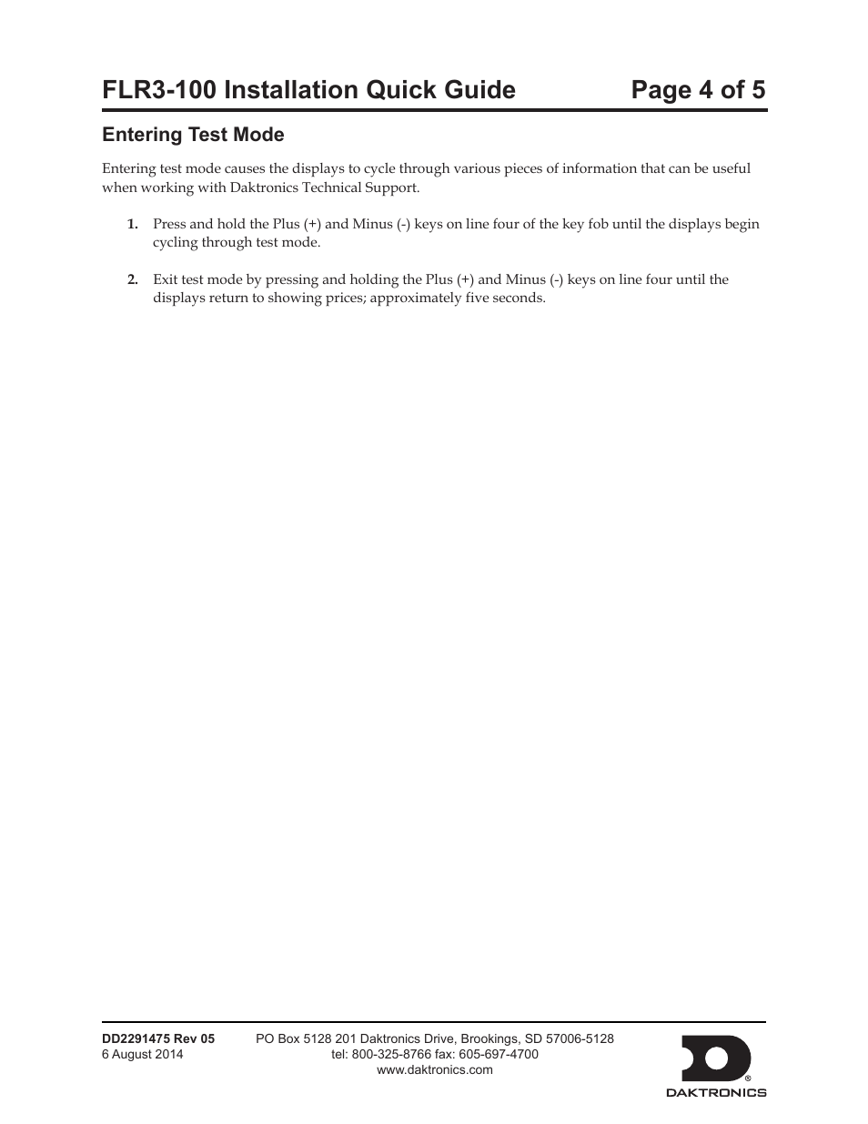 Entering test mode | Daktronics FLR3-100 User Manual | Page 4 / 5
