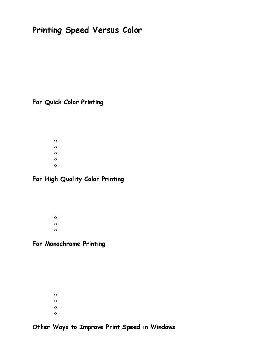 Printing speed versus color, 3ulqwlqj 6shhg 9huvxv &roru, Ru 4xlfn &roru 3ulqwlqj | Ru +ljk 4xdolw\ &roru 3ulqwlqj, Ru 0rqrfkurph 3ulqwlqj, 2wkhu :d\v wr ,psuryh 3ulqw 6shhg lq :lqgrzv | Canon BJC-4200 User Manual | Page 21 / 82