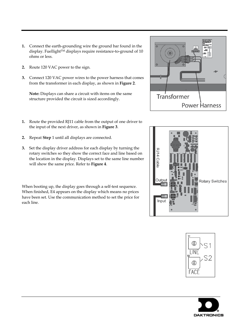 Connecting power, Communication installation, Display power up | Fuellight, Display installation quick guide 2 of 2 | Daktronics Fuellight Display User Manual | Page 2 / 2