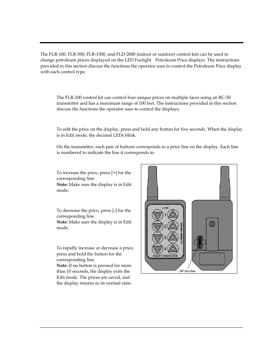 Section 5: control options, 1 flr-100 control kit, Editing the display | Increasing the price, Decreasing the price, Rapid increase/decrease, Section 5, Control options, Flr-100 control kit | Daktronics Fuelight FL-2109 Series Petroleum Price Displays User Manual | Page 17 / 41