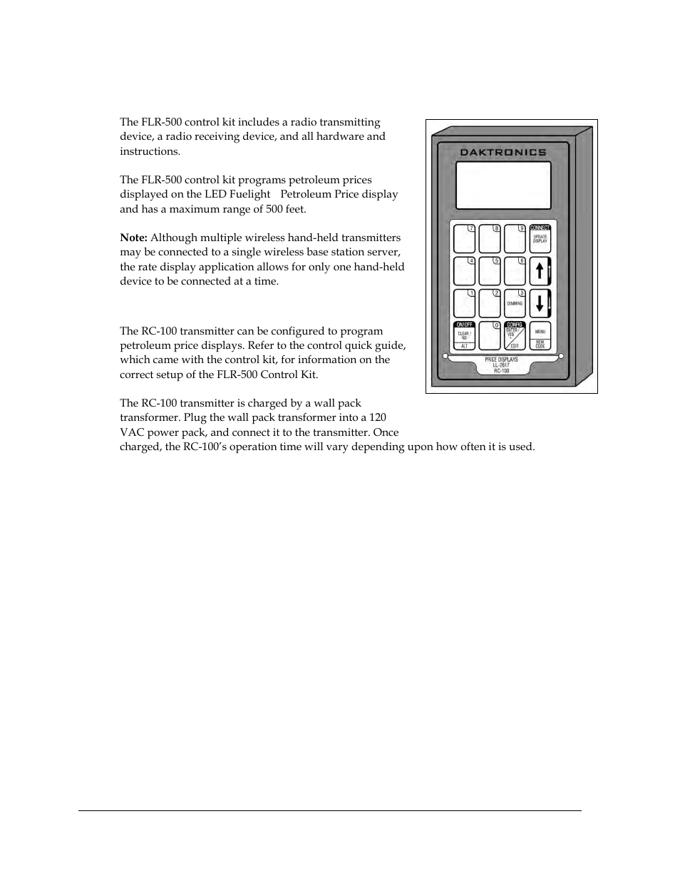 2 flr-500 control kit, Transmitter use, Flr-500 control kit | Daktronics Fuelight FL-2109 Series Petroleum Price Displays User Manual | Page 18 / 41