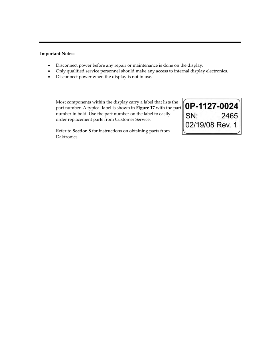 Section 7: replacement parts, 1 about replacement parts, Section 7 | Replacement parts, About replacement parts | Daktronics Fuelight FL-2109 Series Petroleum Price Displays User Manual | Page 33 / 41