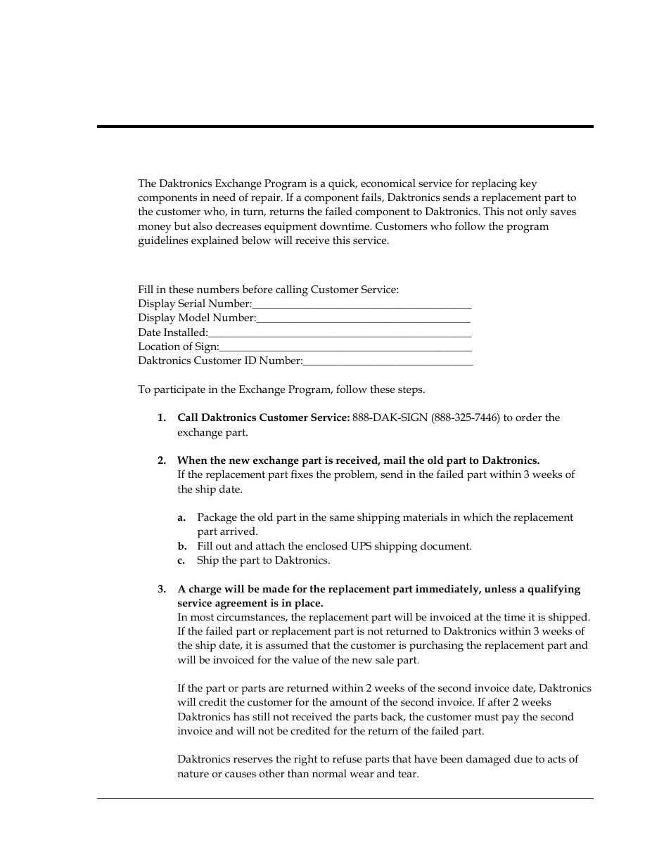 1 exchange program, Before contacting daktronics, Section 8 | Daktronics exchange and repair & return programs, Exchange program | Daktronics Fuelight FL-2109 Series Petroleum Price Displays User Manual | Page 35 / 41